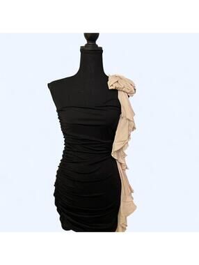 Vintage Y2K Mandee Black Ruched One Shoulder Ruffle Dress Size small